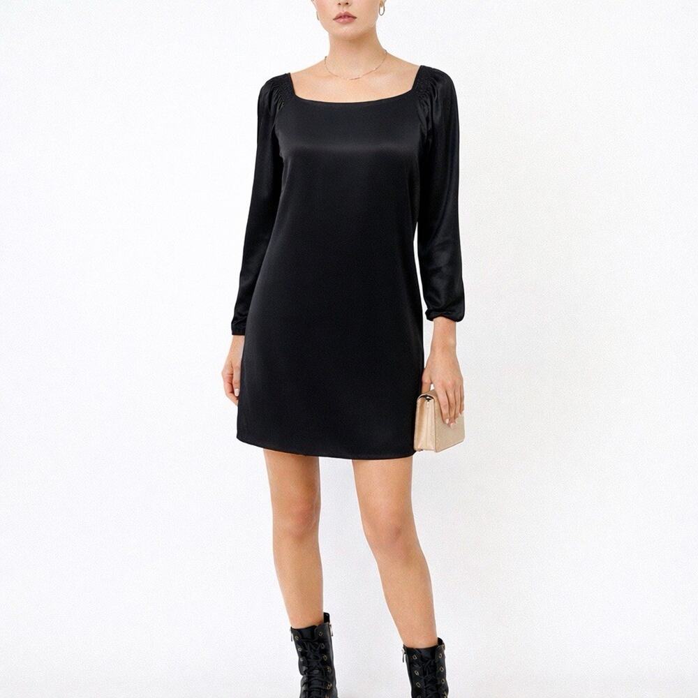 LAUNDRY By Design Black shift Dress 100% Silk square neckline Sz 4 Edgy‎ Short